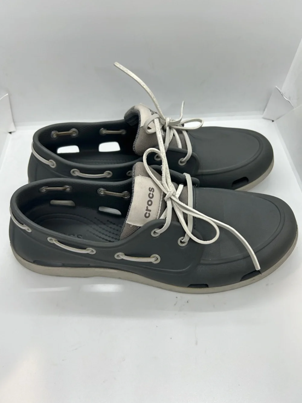 Crocs Classic Boat Shoe Mens Slate Grey White Nautical Deck Shoes Outdoor Sz 11
